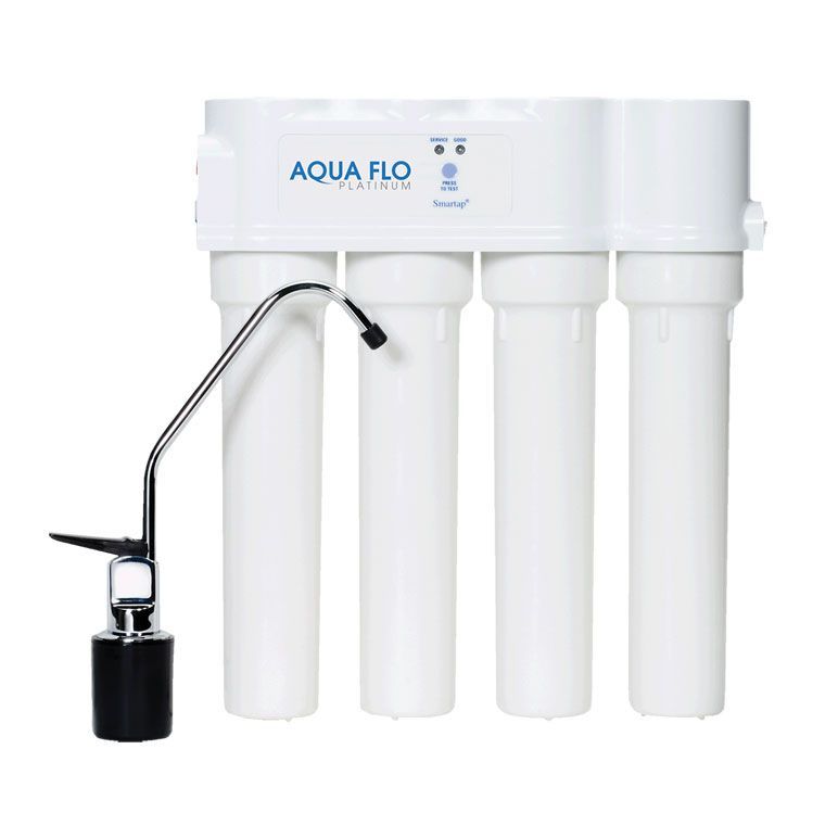 A white aqua flo water filter with a faucet attached to it.