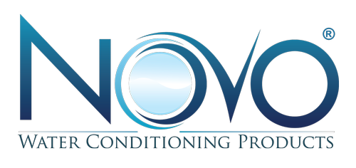 The novo water conditioning products logo is blue and white.