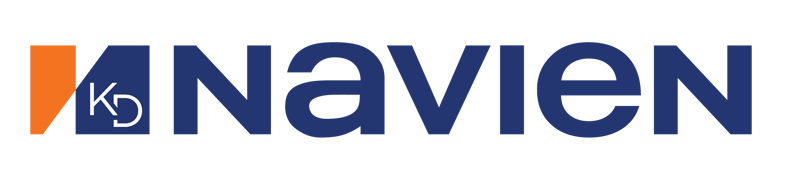 A blue and orange logo for navien on a white background