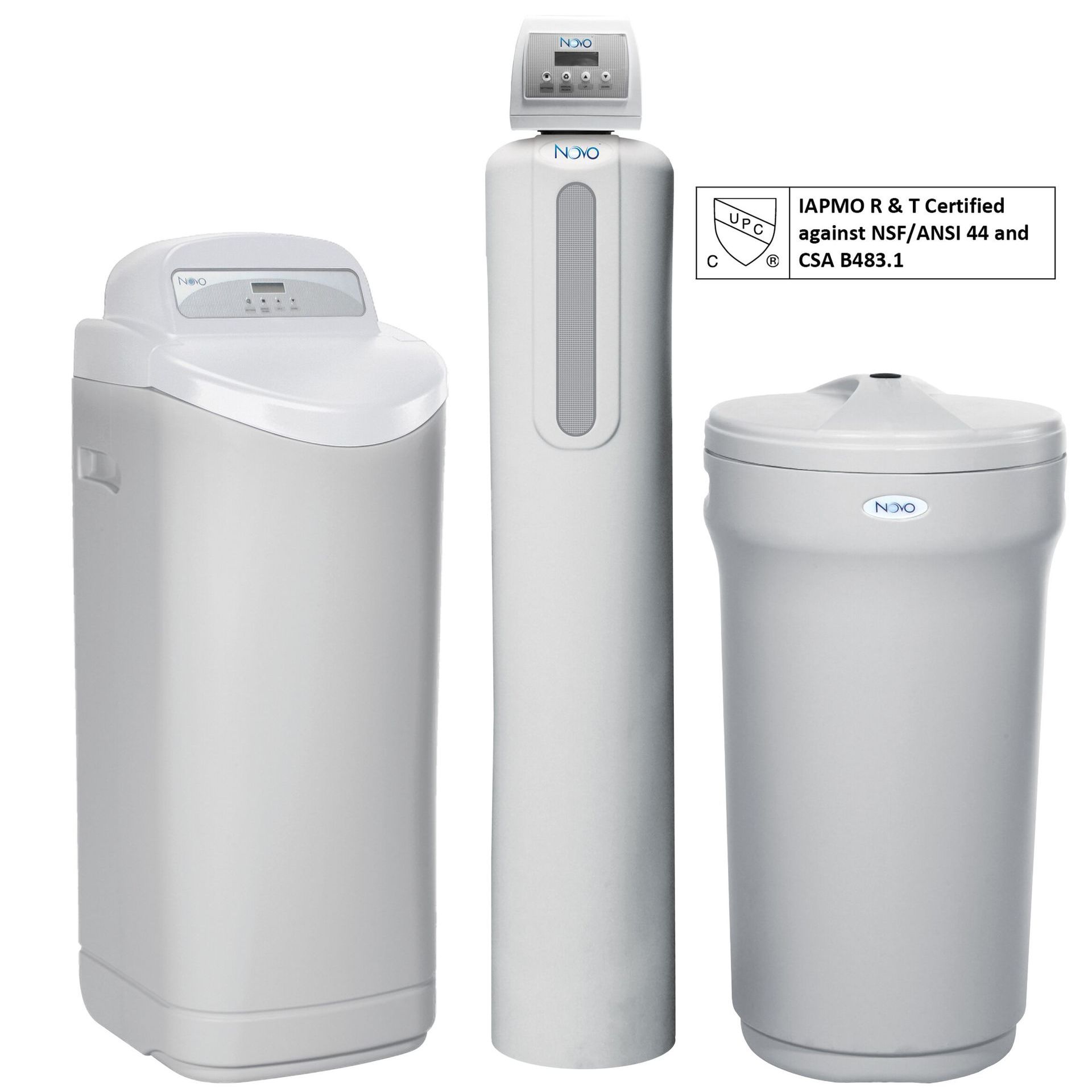 Three white water softeners are sitting next to each other on a white background.