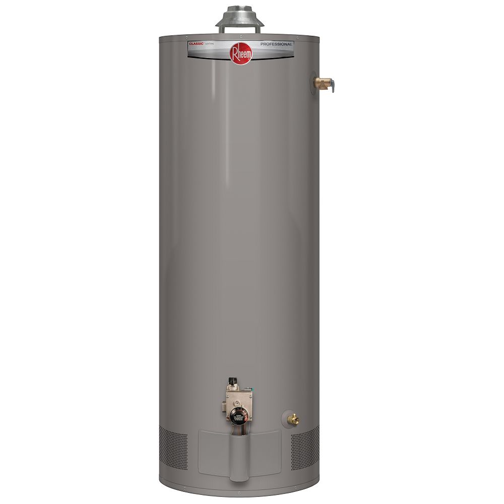 A gray water heater is sitting on a white surface.