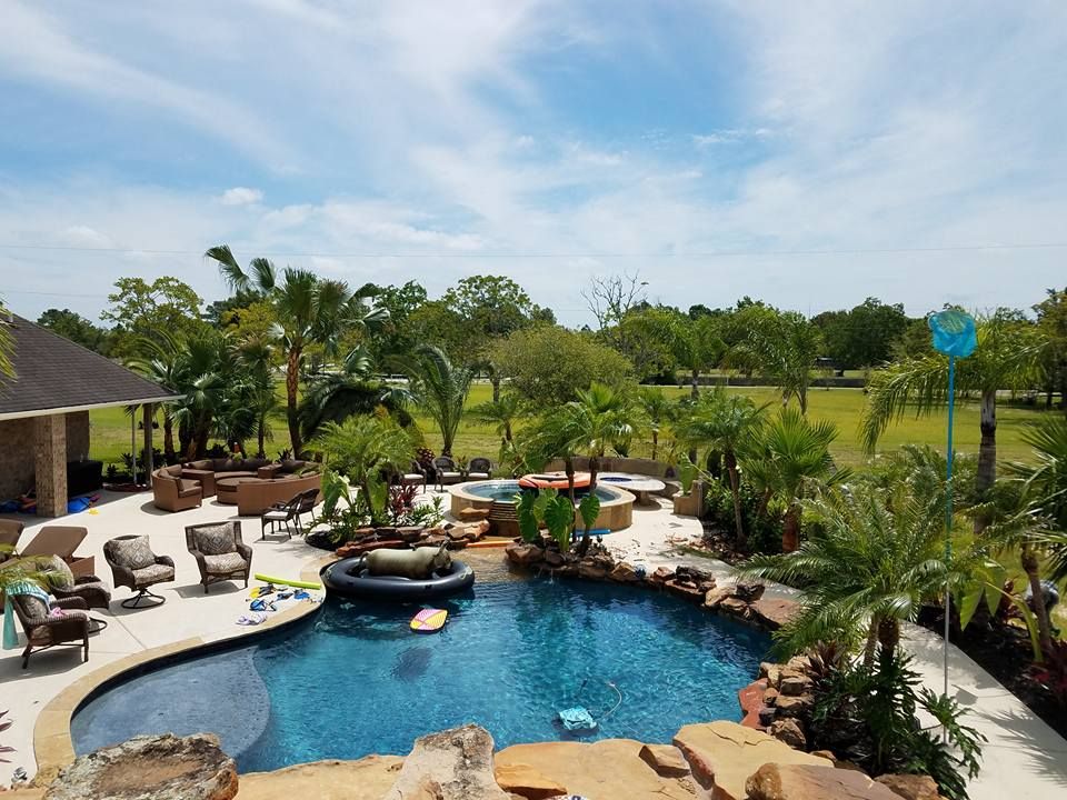 An aerial view of a large swimming pool surrounded by palm trees.