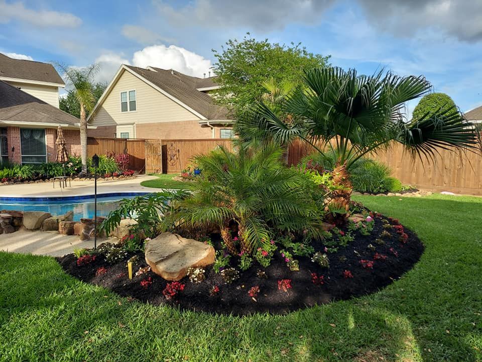A lush green lawn with a swimming pool and a house in the background.