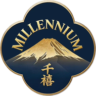 Gold mountain logo on navy clover with &ldquo;MILLENNIUM&rdquo; and Japanese characters