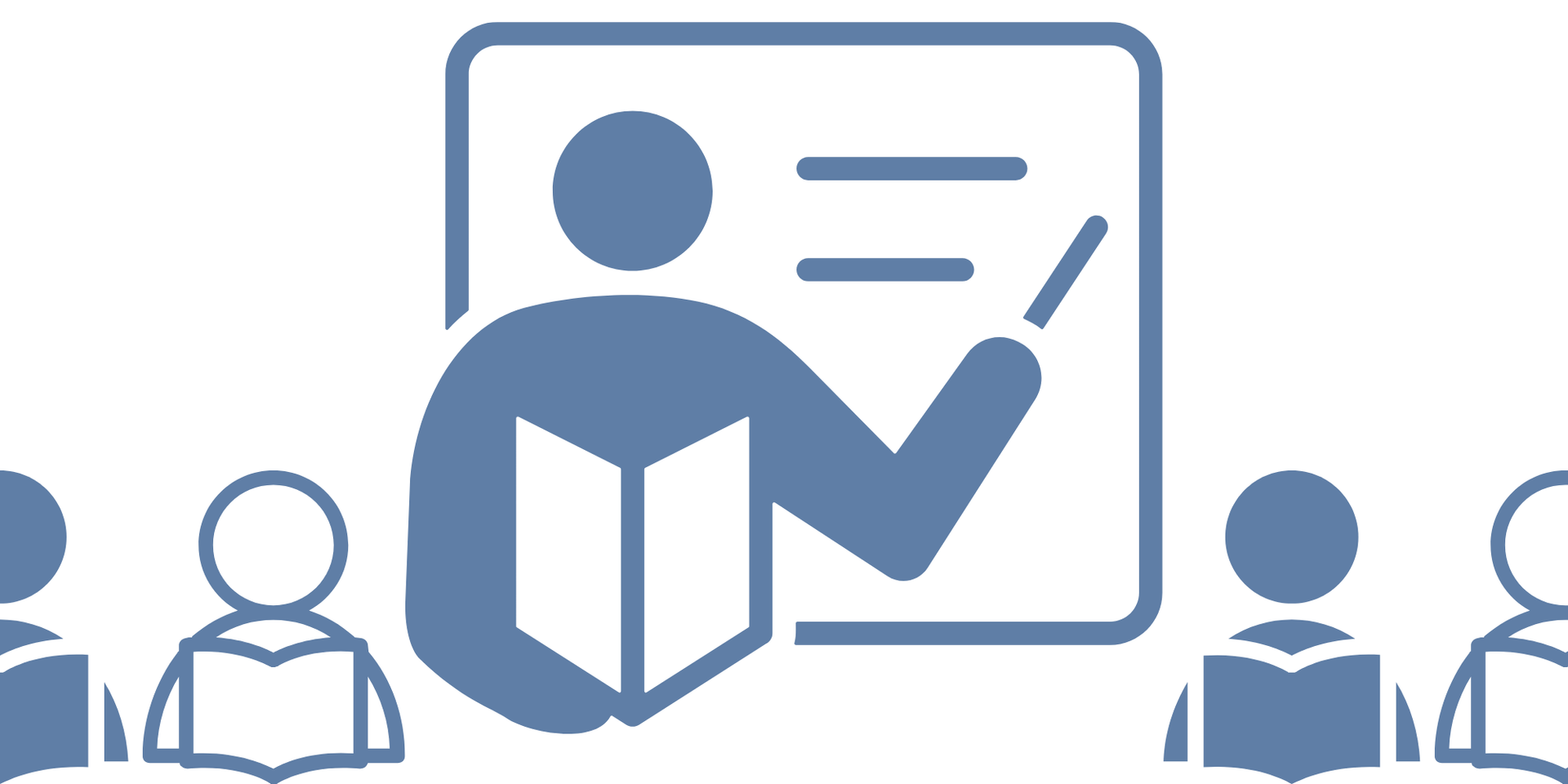 Teacher presenting to students, with whiteboard and open books, in blue.