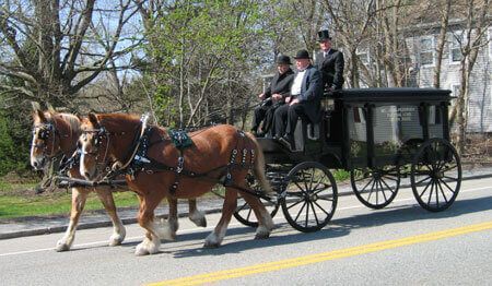 Two horses are pulling a funeral carriage down the road.