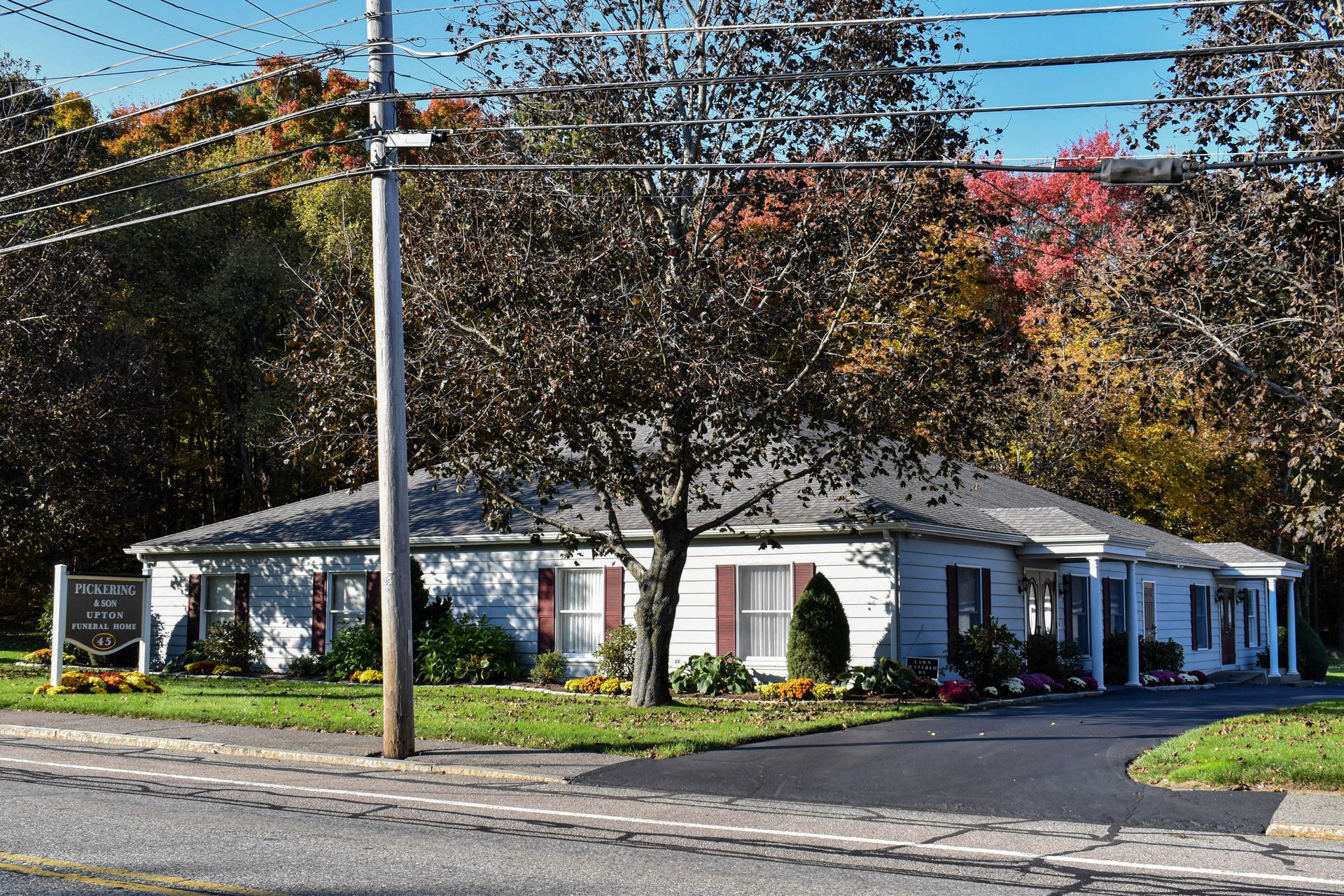 A white house with a tree in front of it