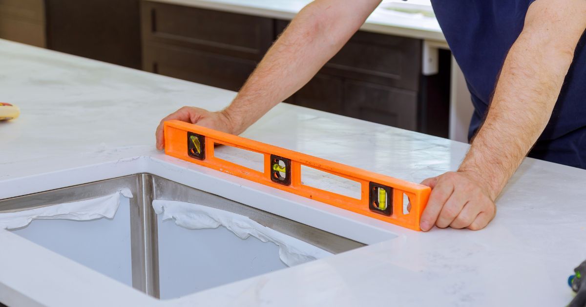 a carpenter measuring and installing a marble kitchen countertop