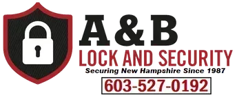The logo for a & b lock and security shows a padlock on a shield.