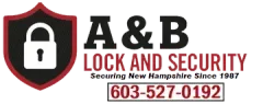 The logo for a & b lock and security shows a padlock on a shield.