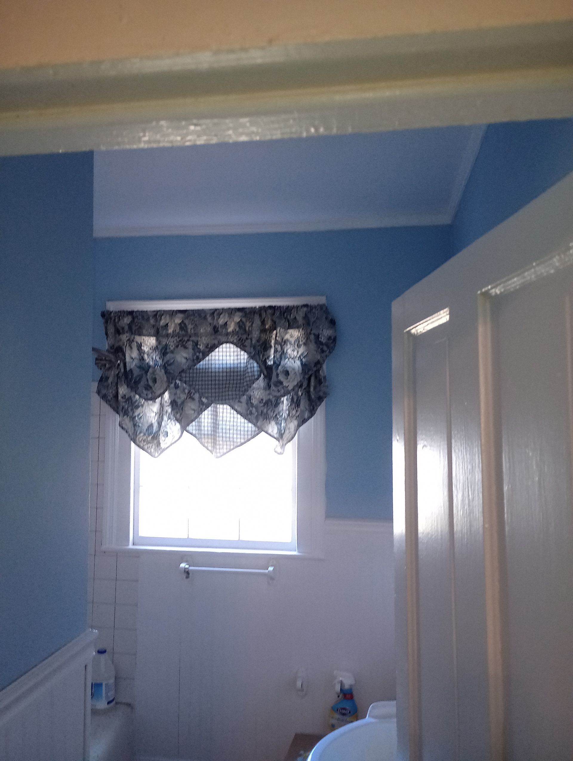 A bathroom with blue walls and a window