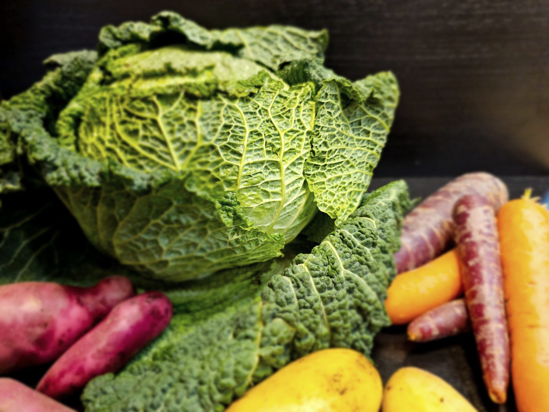 Nahaufnahme eines grünen Wirsingkohls und mehrerer bunter Gemüsesorten wie Karotten und Kartoffeln.