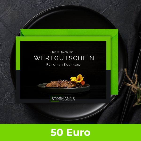 Geschenkgutschein für einen Kochkurs, mit dem Text „Wertgutschein“ und einem Wert von 50 Euro.