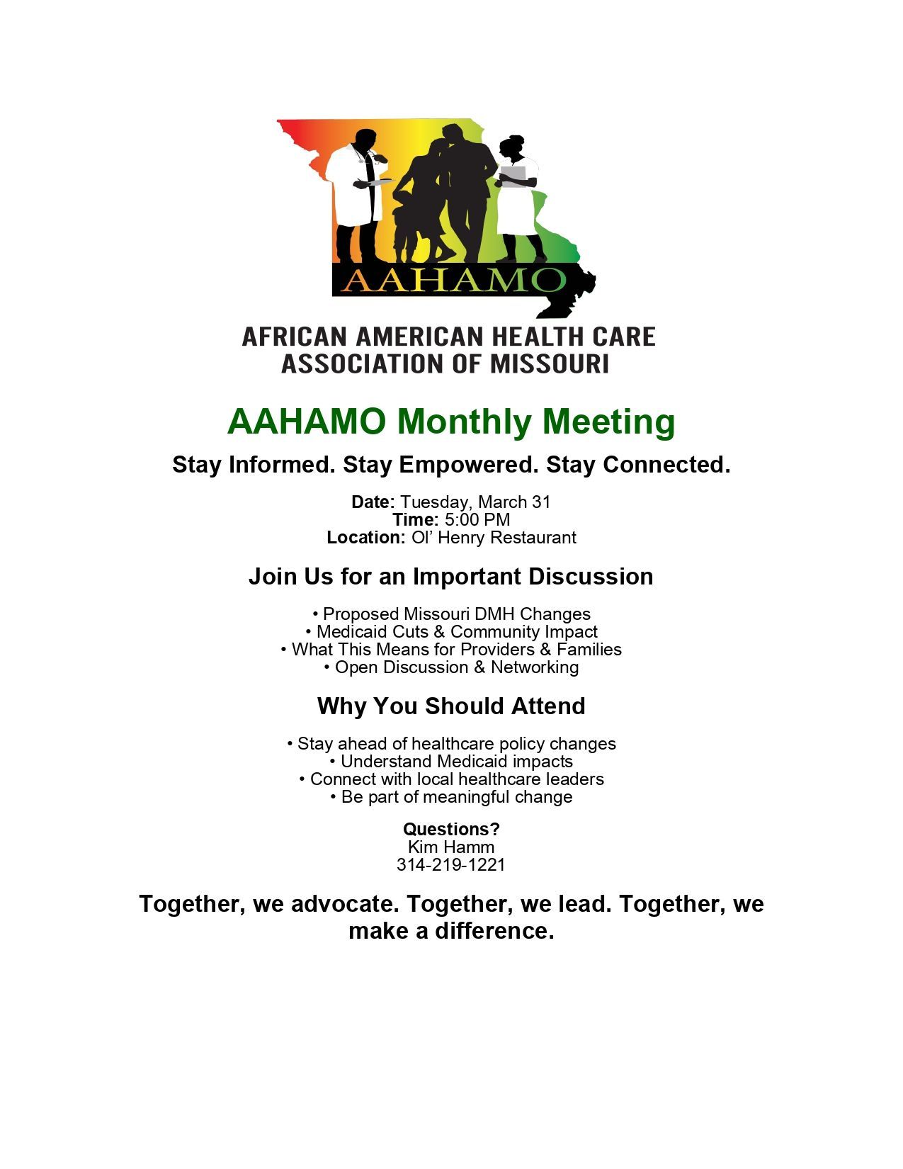 Senior Music Bingo Flyer for AAHAMO monthly meeting in Missouri on March 21. Includes contact info and meeting purpose.