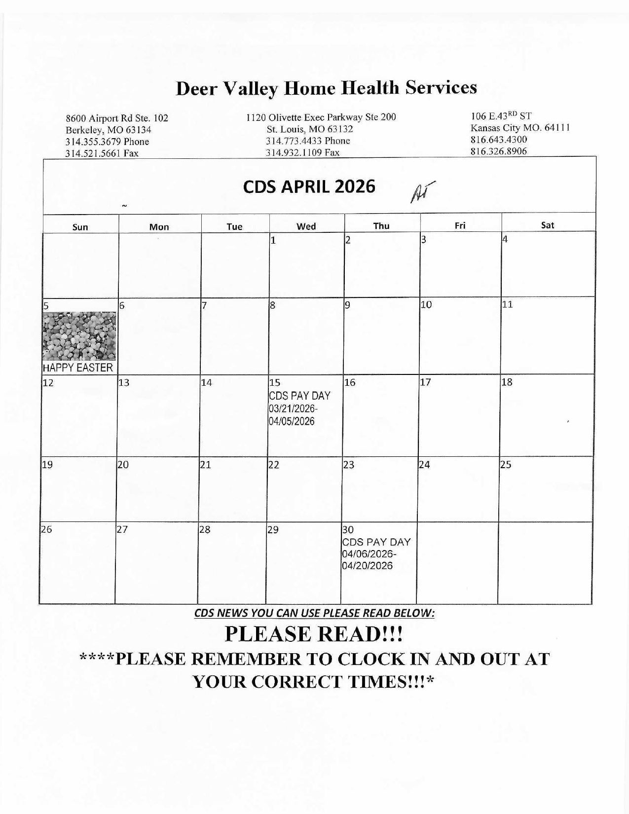Calendar for April 2025 from Deer Valley Home Health Services, with a reminder to clock in and out correctly.