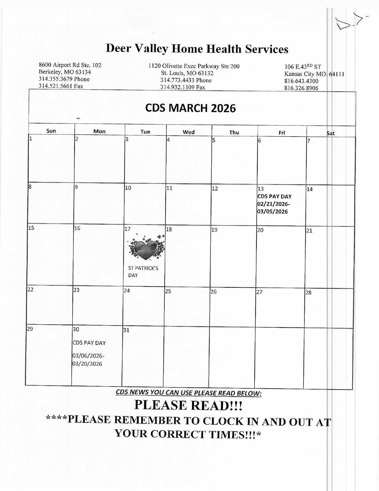 Calendar for March 2025 from Deer Valley Home Health Services, with a reminder to clock in and out correctly.
