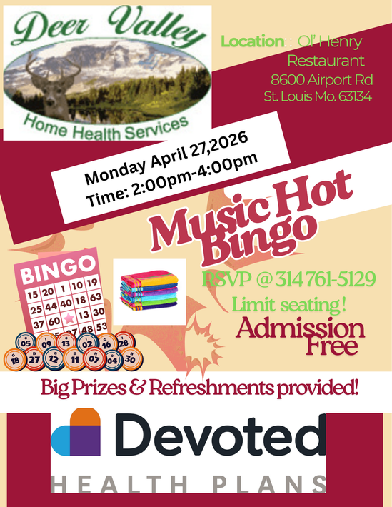 Flyer for a free Music Hot Bingo event by Deer Valley Home Health and Devoted Health, April 27, 2026, at O’Henry Restaurant.