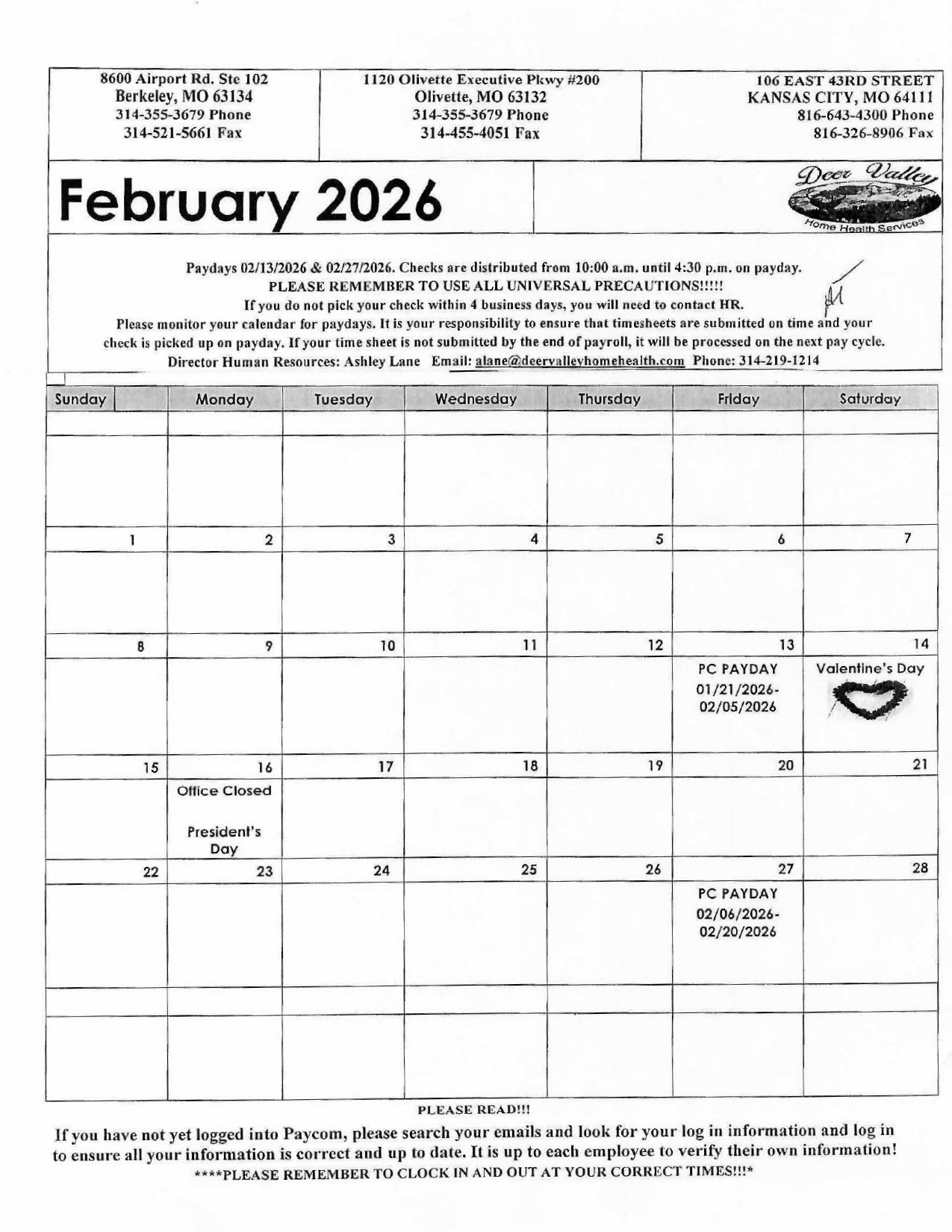 February 2026 calendar; dates marked, with notes for February 13th, and 23rd.