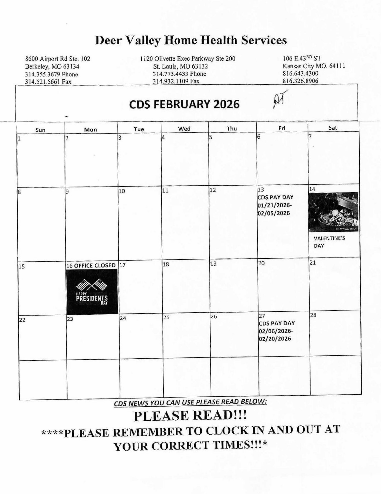 Calendar for Door Valley Home Health Services, February 2006. Includes reminders and clock-in notice.