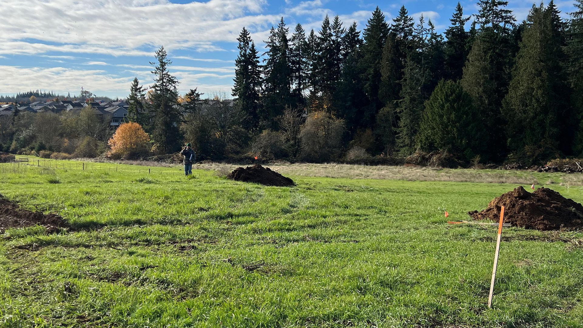 Green field with piles of dirt; a person stands in the distance near trees and a blue sky.