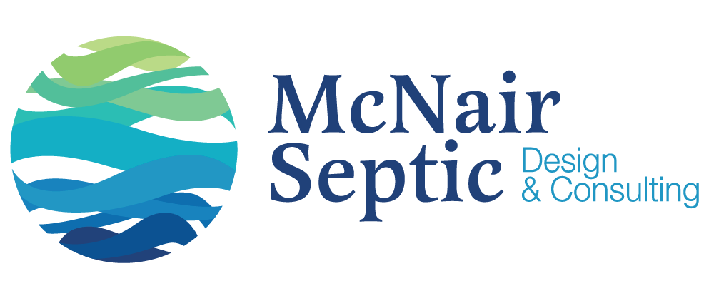 Logo for McNair Septic Design & Consulting. A blue and green wave in a circle and dark blue text.