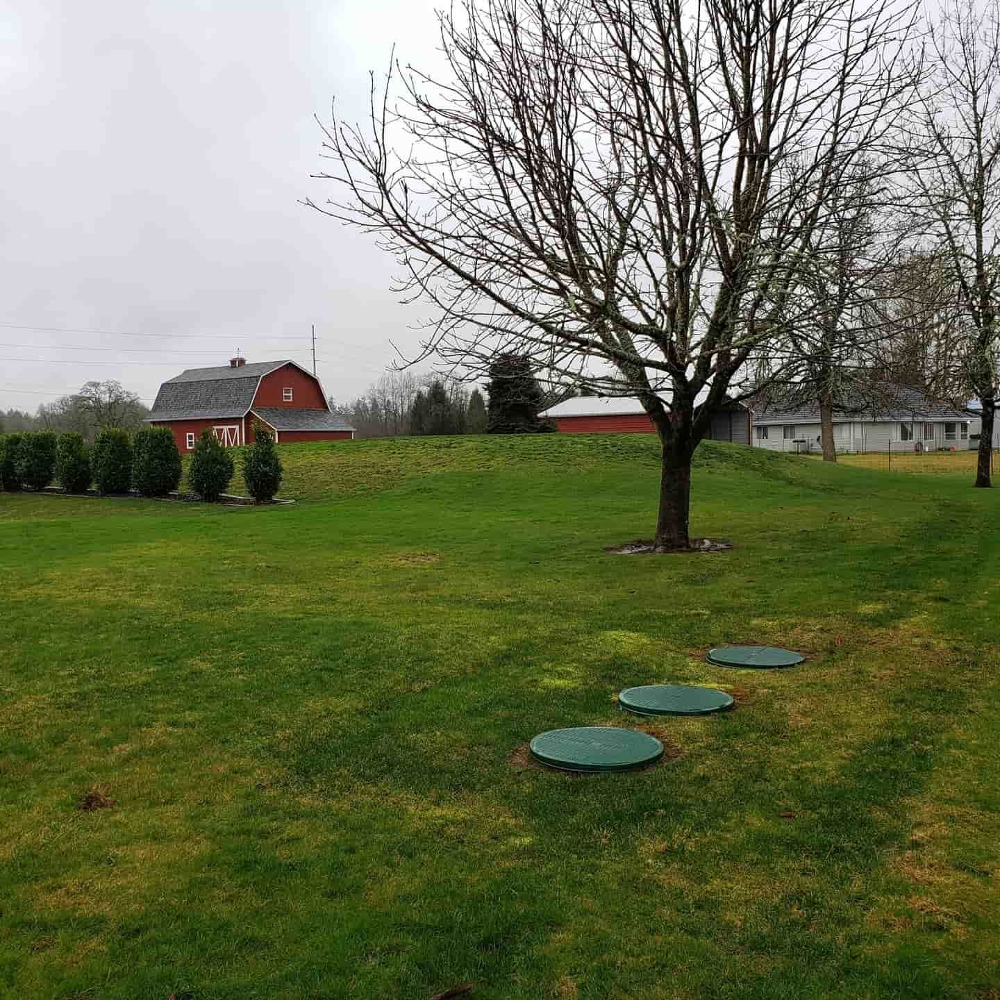 Green lawn with trees, a red barn, and three green septic tank covers on a cloudy day.