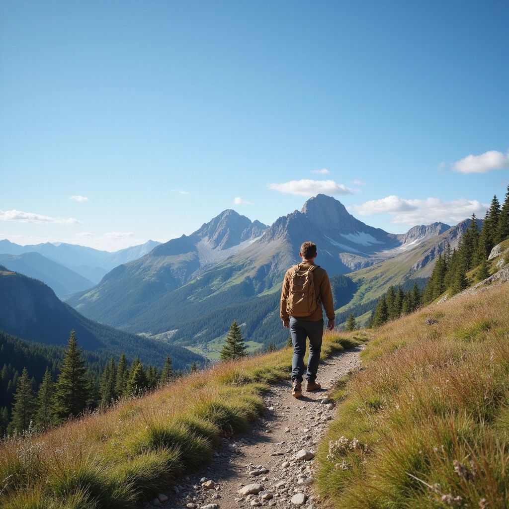 Hiker on a mountain trail with a backpack, overlooking a valley and snow-capped peaks on a sunny day.