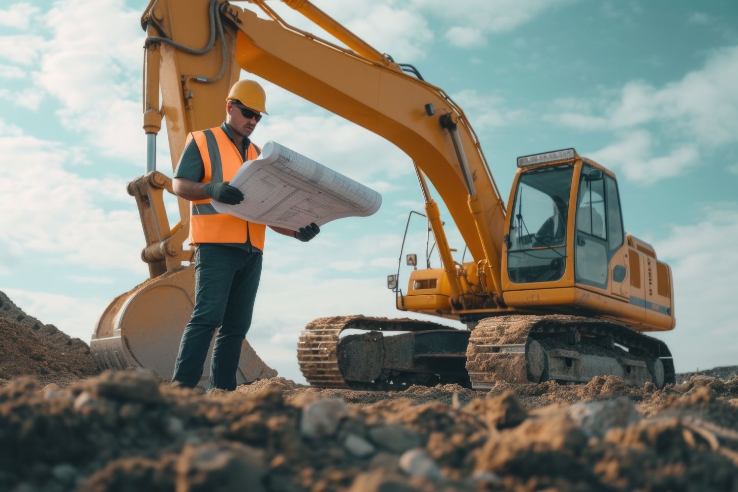 A construction worker is standing in front of a yellow excavator holding a blueprint.