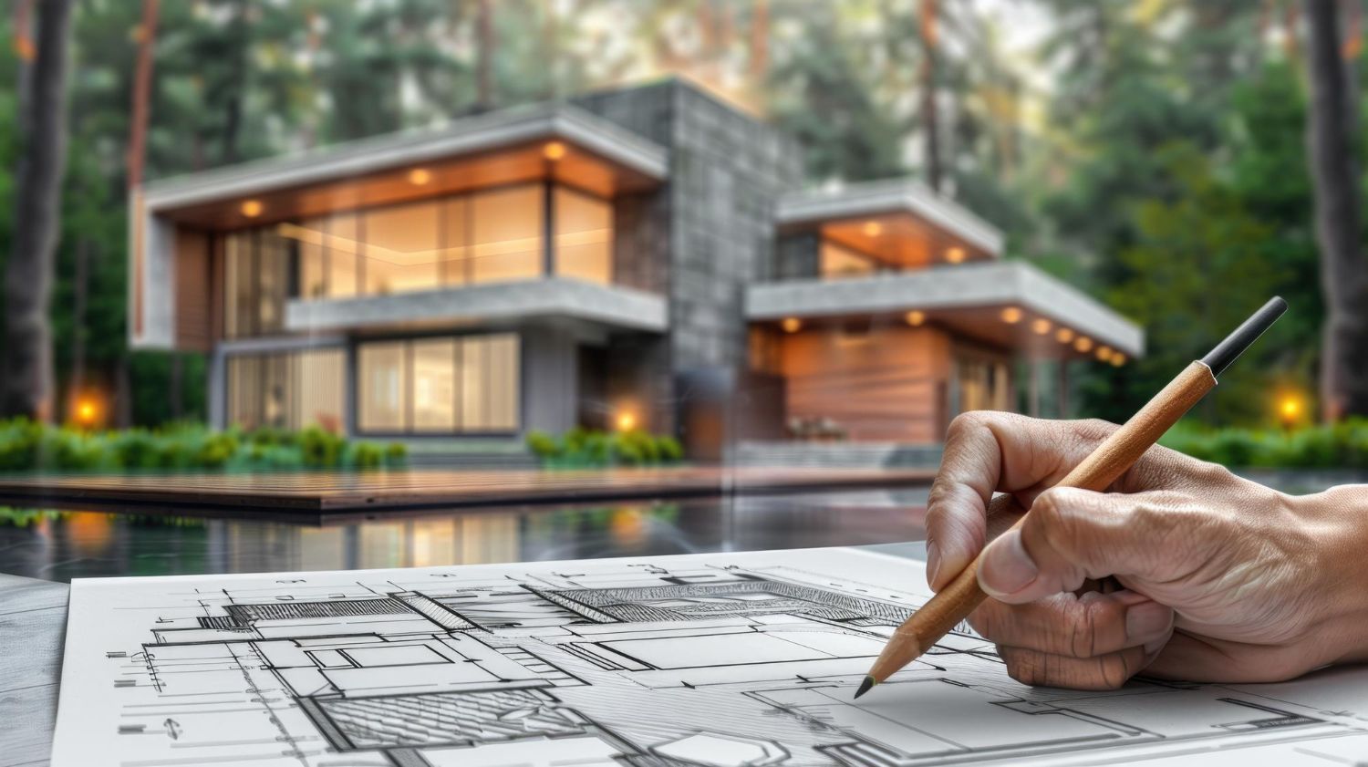 Architect reviewing house blueprints in front of a modern home under construction