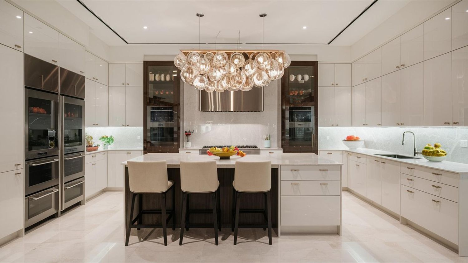 Modern white kitchen with island, built-in ovens, and a large statement chandelier.