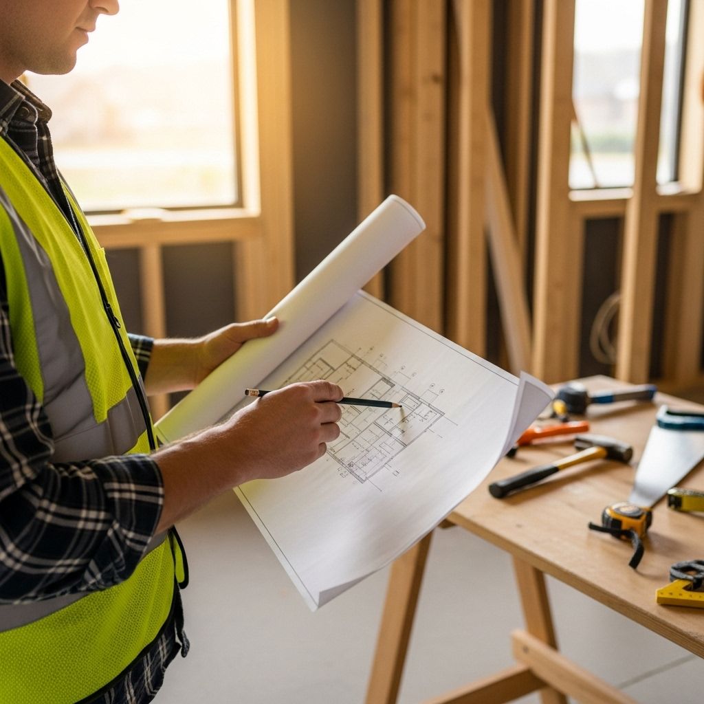 Construction worker in a safety vest examines blueprints at a construction site.