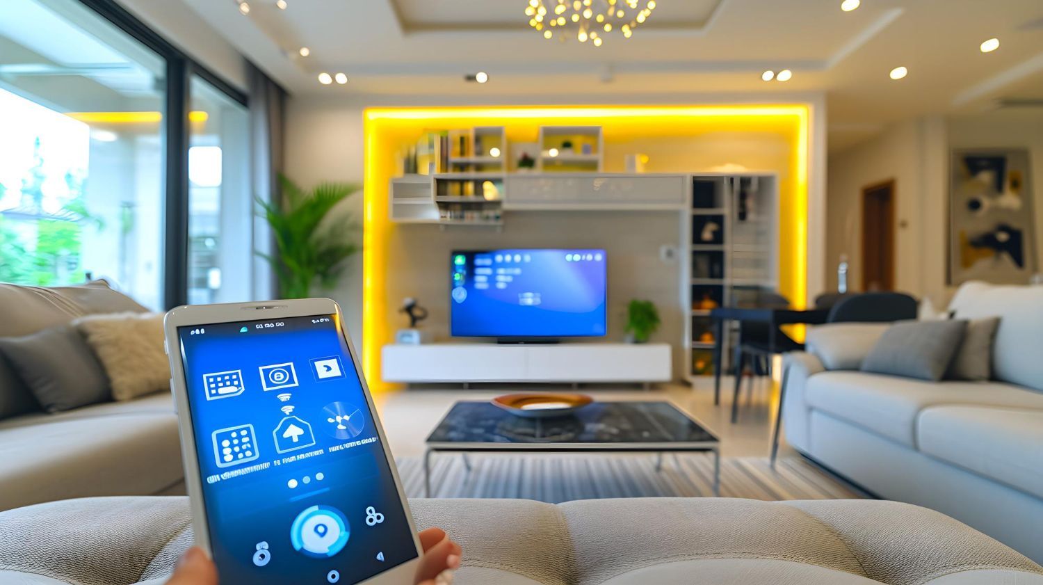 Smartphone controlling a modern living room with illuminated TV and built-in shelves