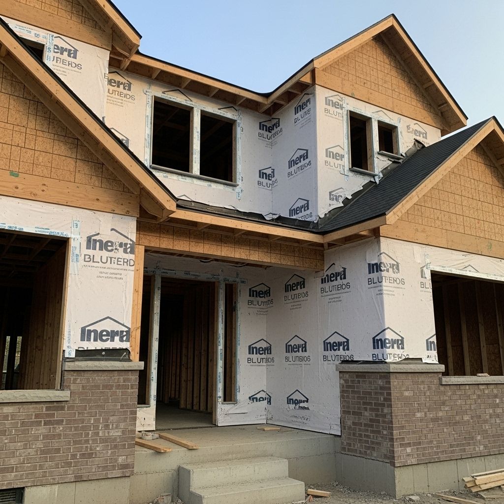 House under construction; exterior with exposed framing, waterproof wrap, and brick facade.