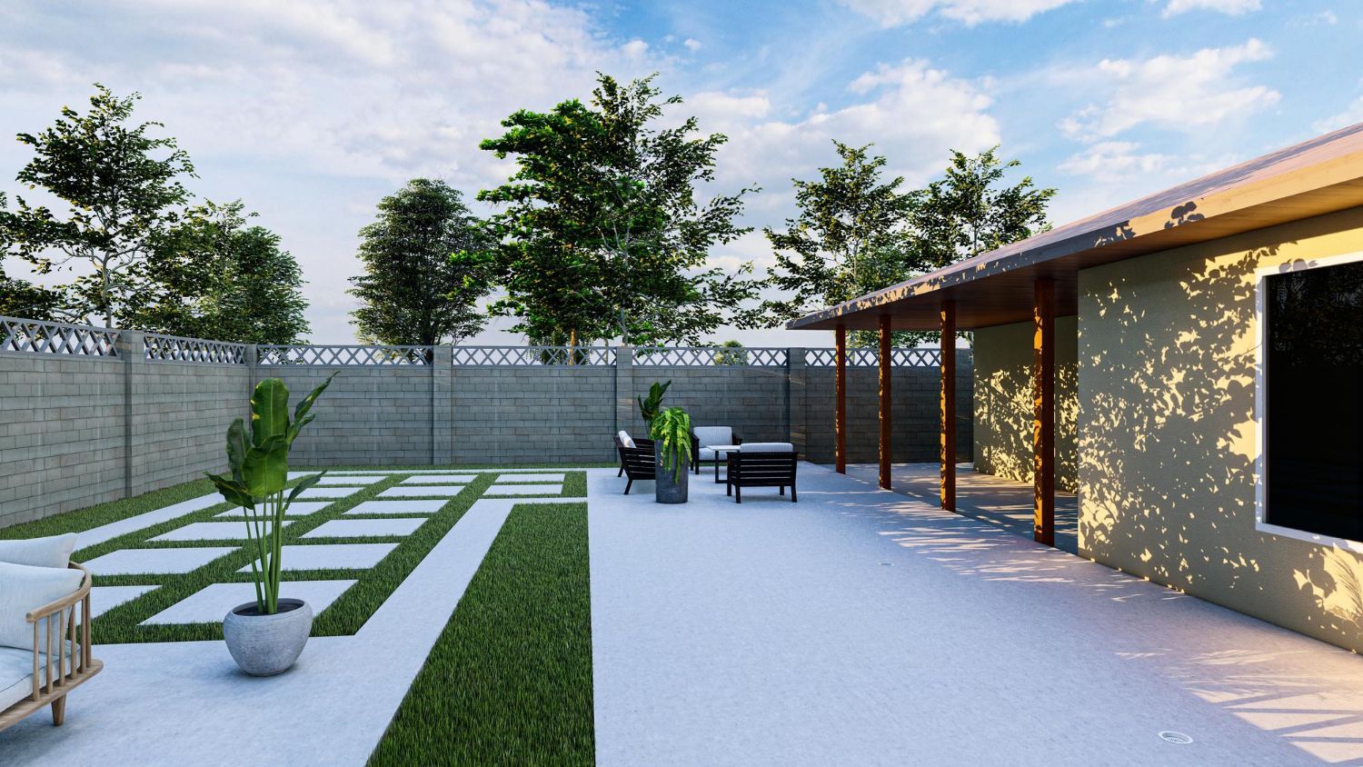 Modern backyard patio with white paving, green lawn strips, potted plants, lounge chairs, and a covered porch