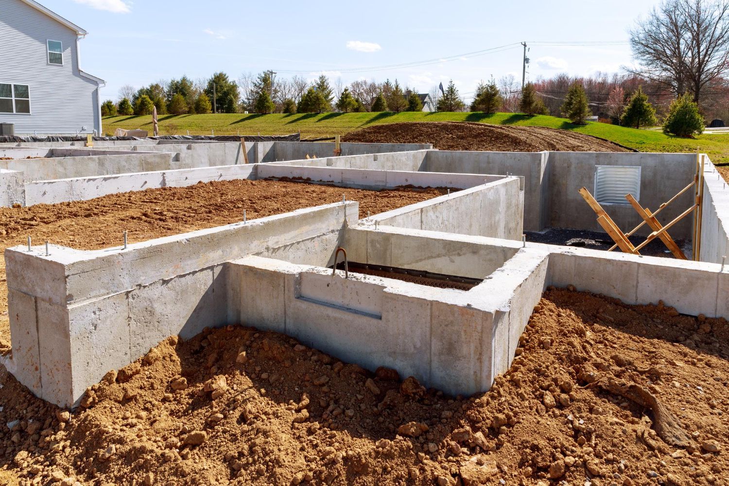 Concrete foundation walls under construction at a house site, with dirt piles and wooden forms surrounding them