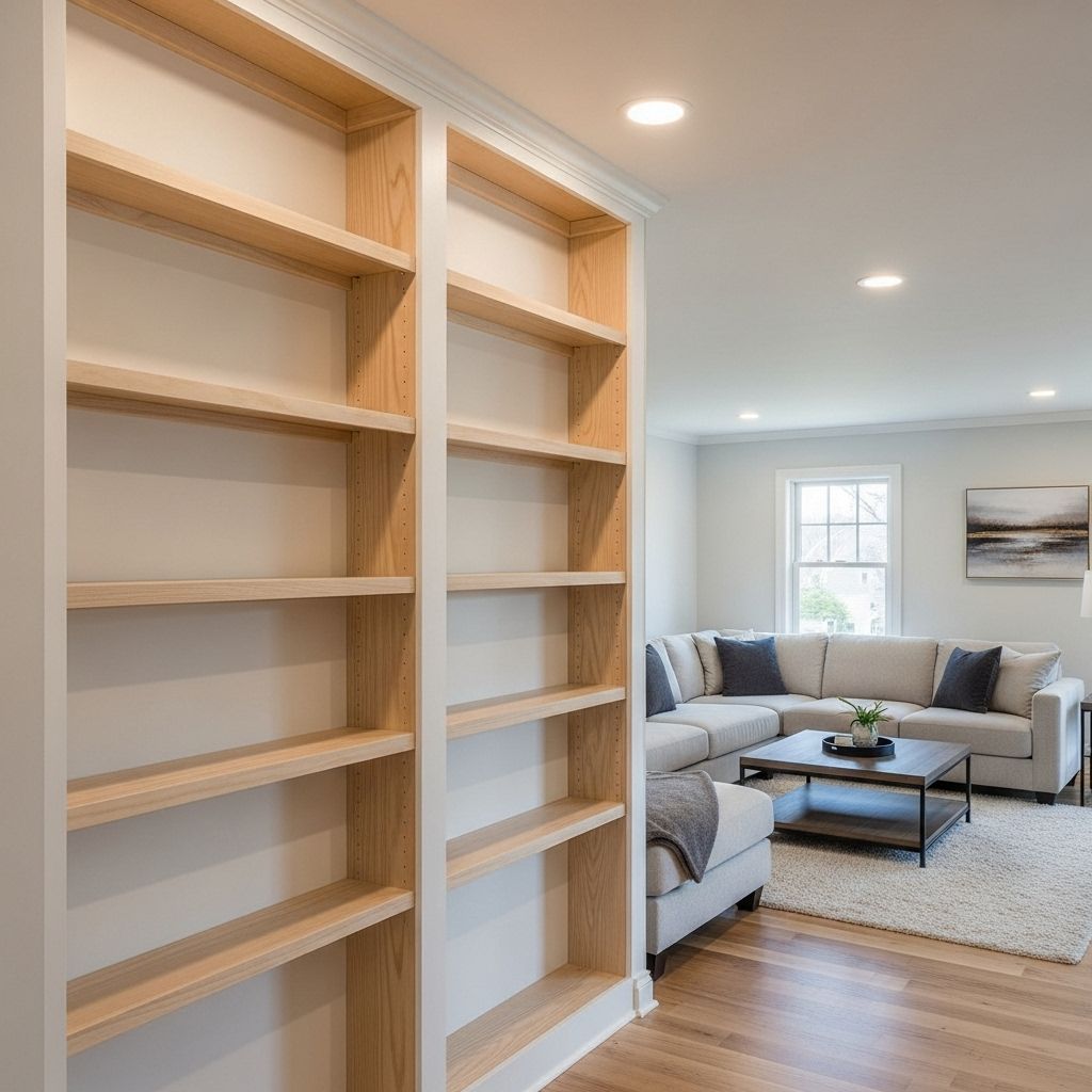 Built-in bookshelves with wooden shelves; a living room with a sectional sofa, coffee table, and rug.