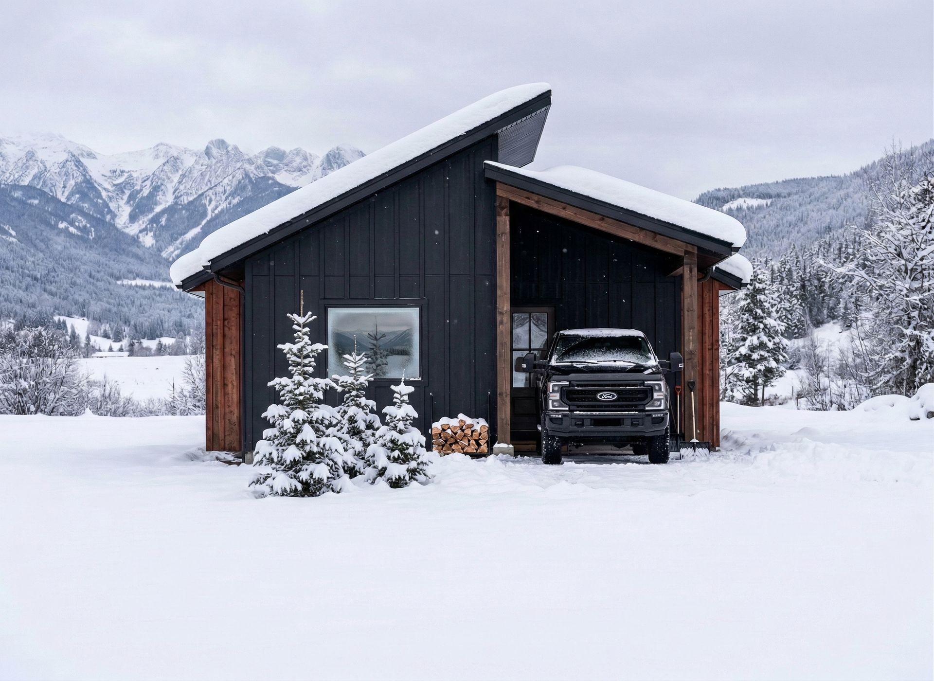 A modern, black-sided cabin sits in a snowy landscape with a truck parked in its open garage, mountains in the distance.