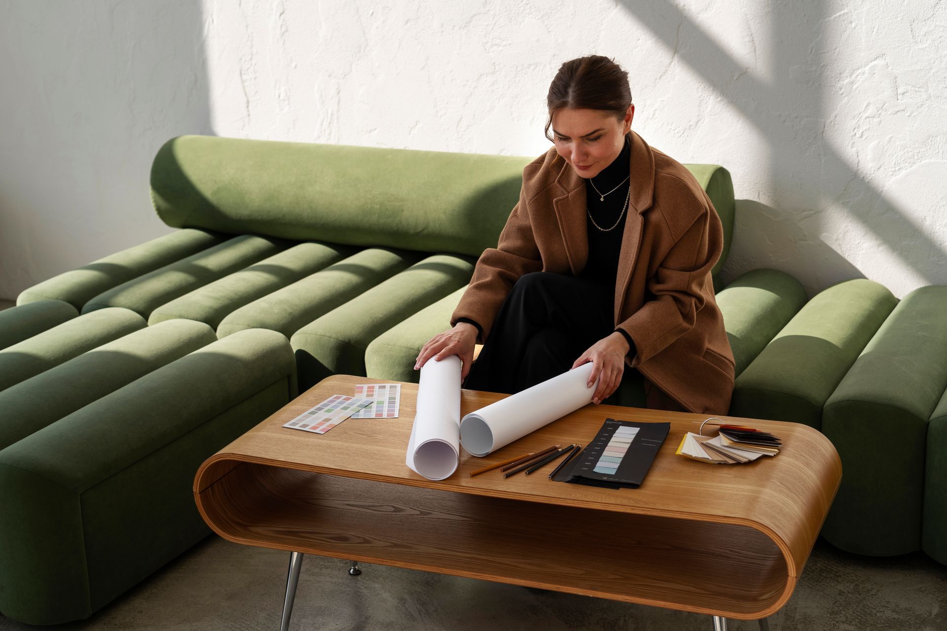 A woman is sitting on a couch holding a roll of paper.