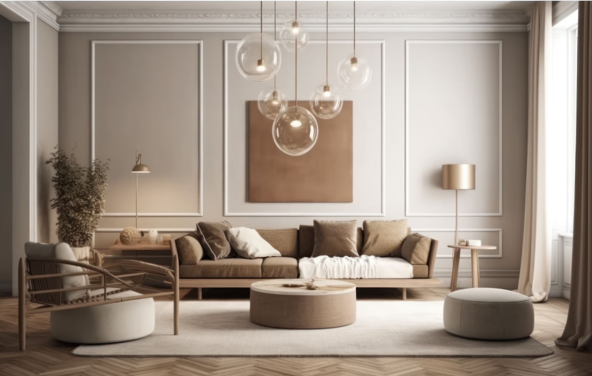 A living room with a couch , chairs , ottomans and a coffee table.