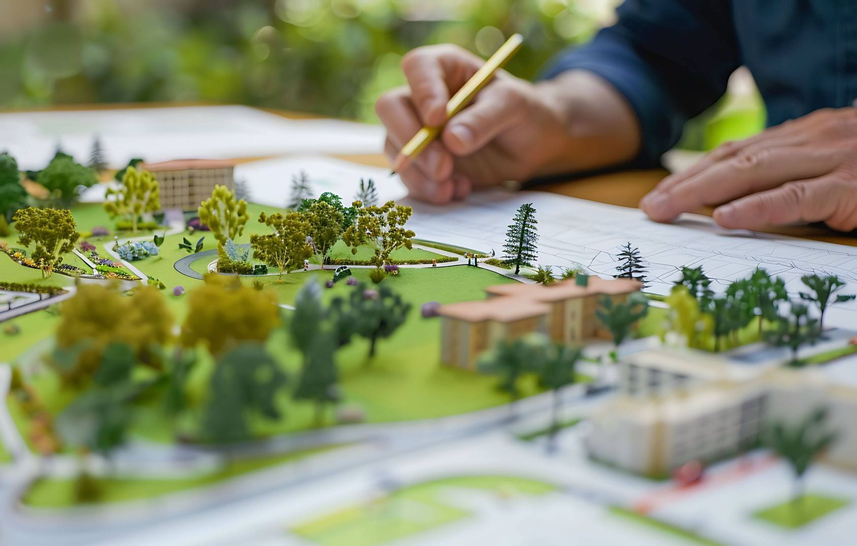 A person is drawing a model of a park with a pencil.
