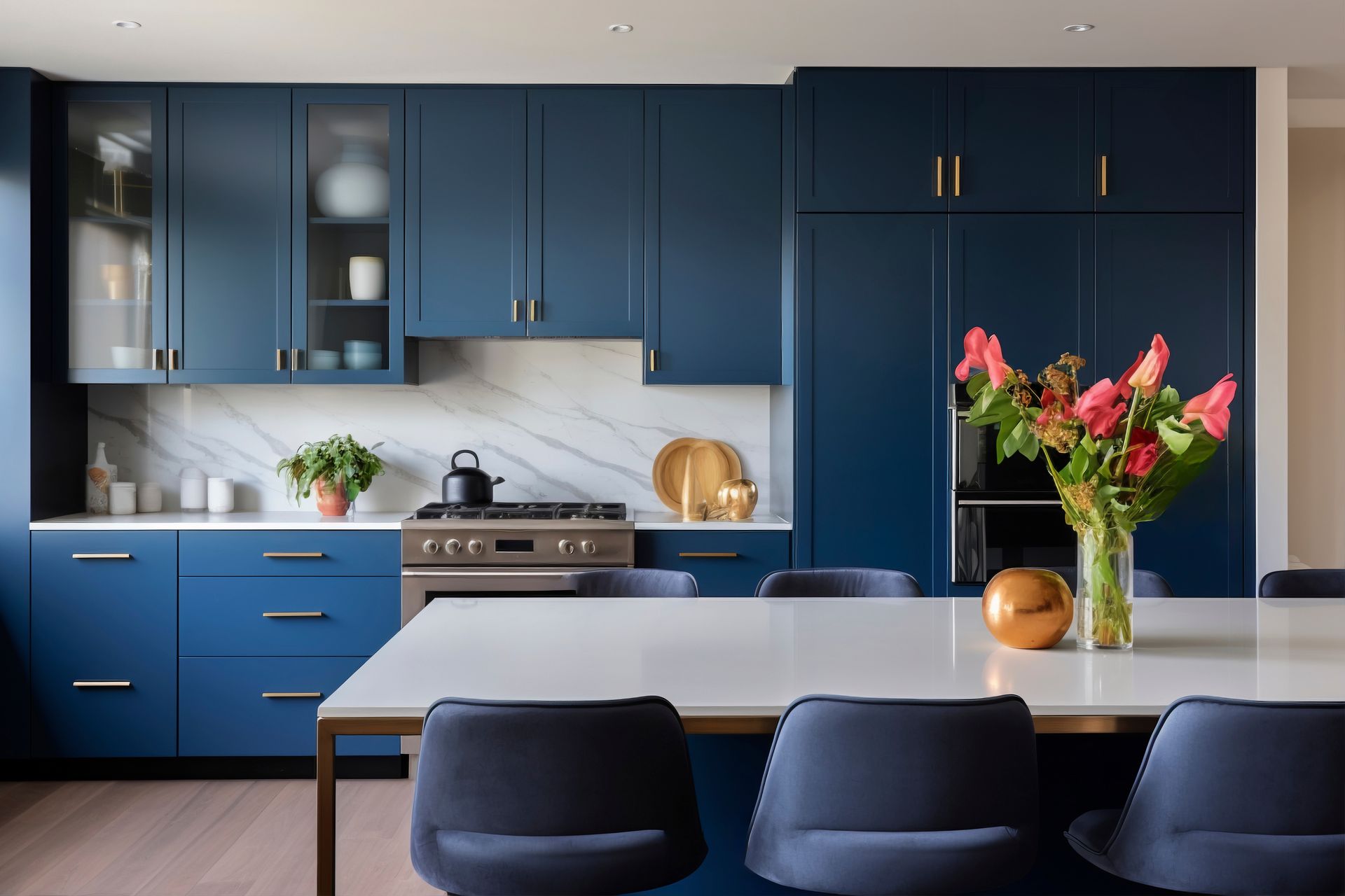 A kitchen with blue cabinets and a table with a vase of flowers on it.