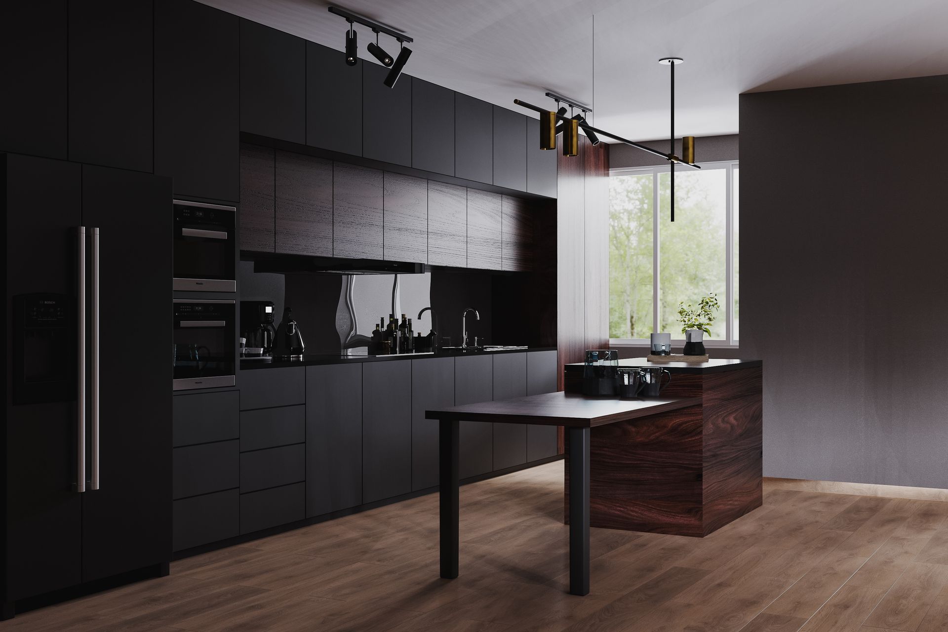 A kitchen with black cabinets and a wooden table