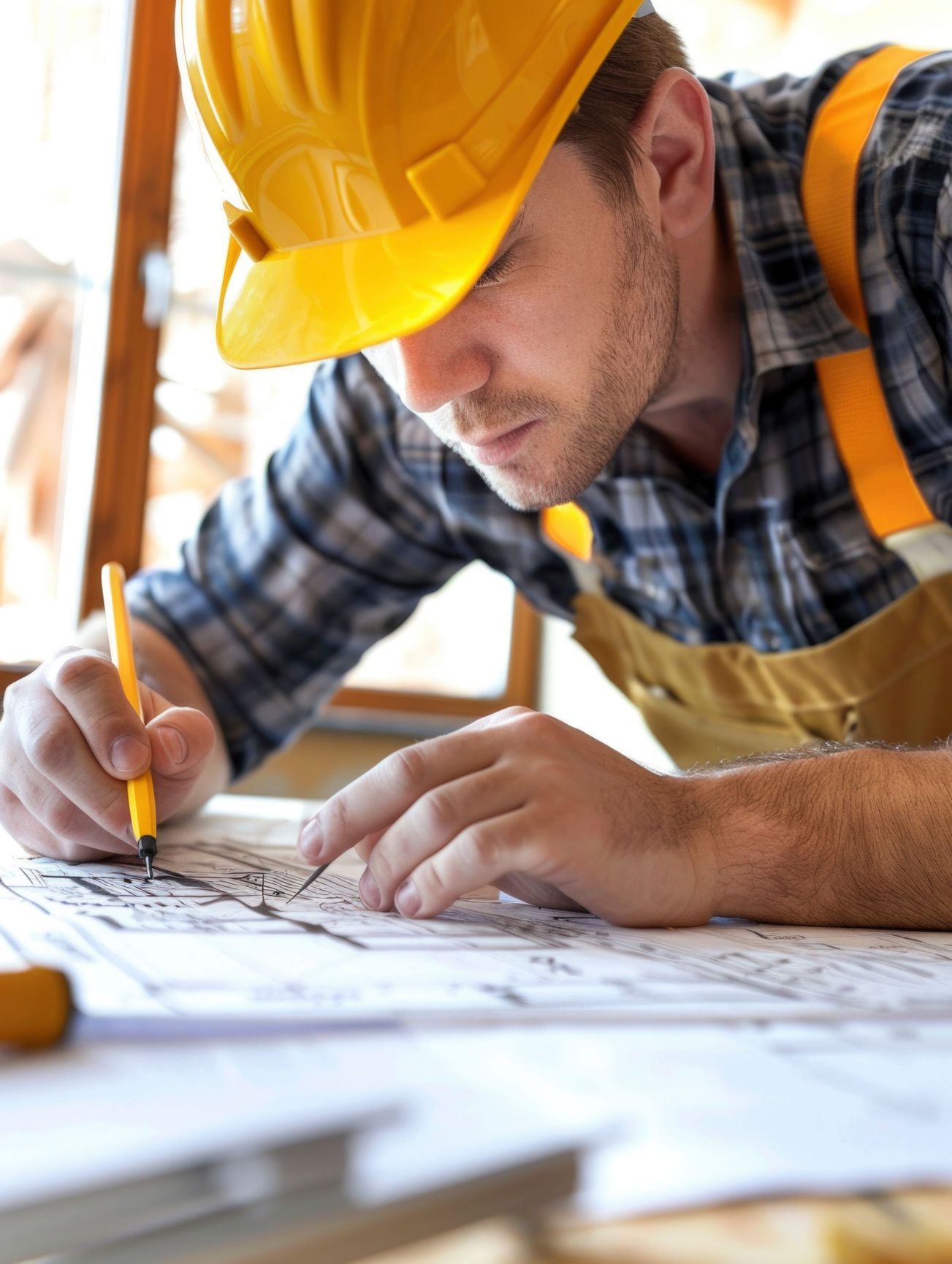 Construction worker in yellow hard hat and vest sketching plans on a table
