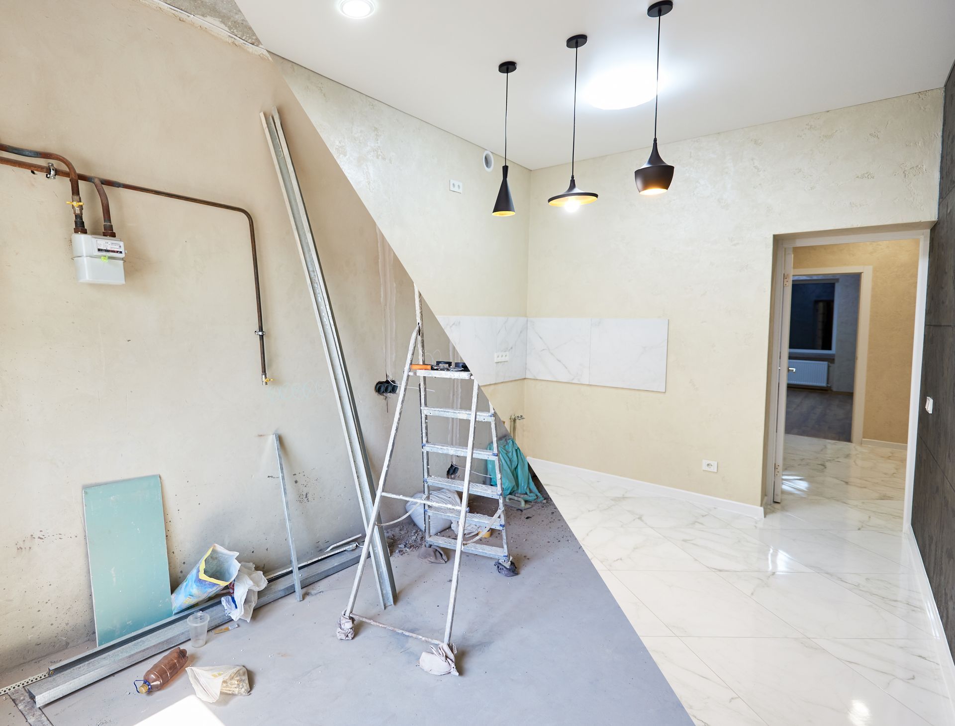 A before and after photo of a room being remodeled.