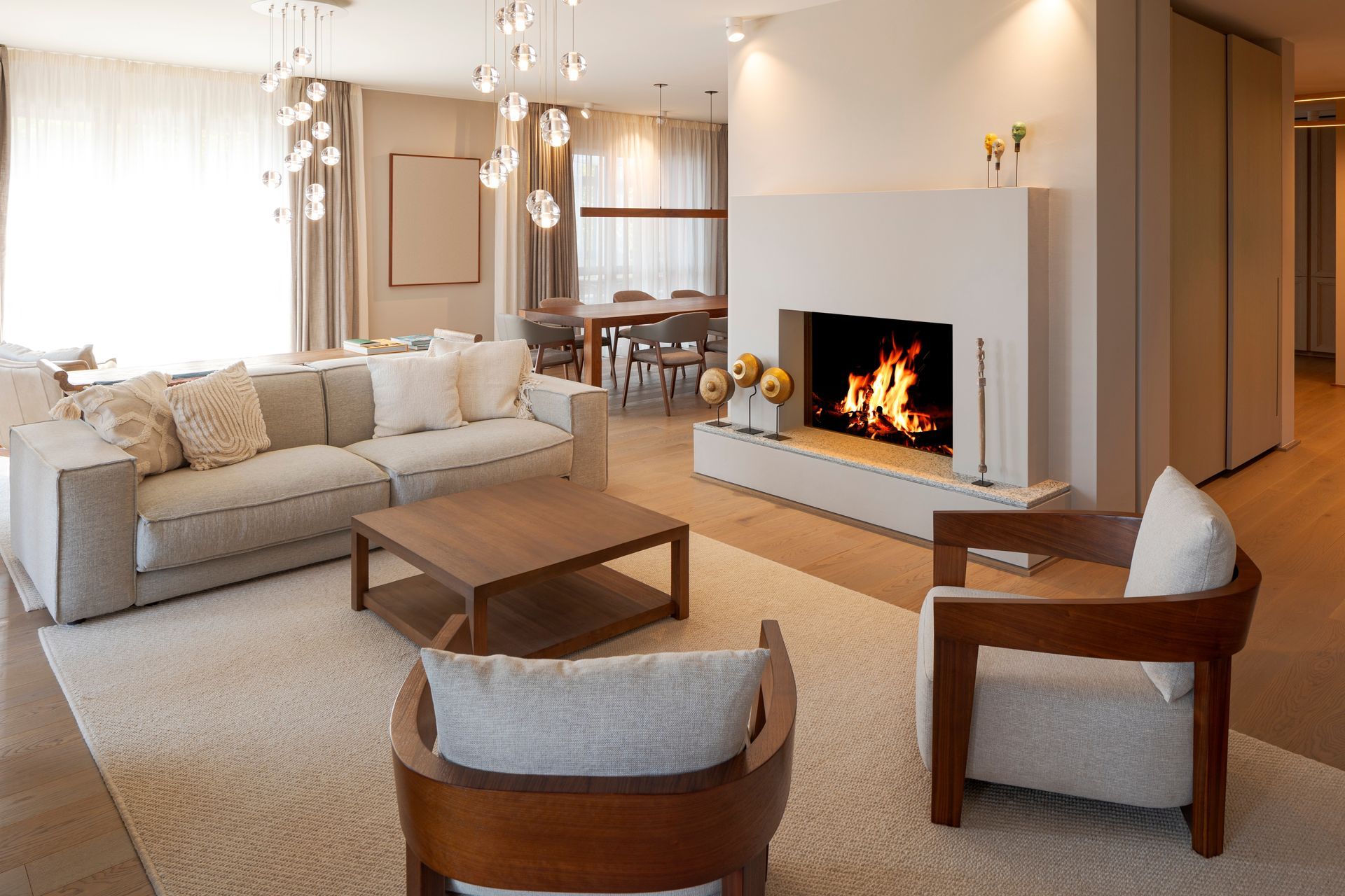 A living room with a fireplace and a couch