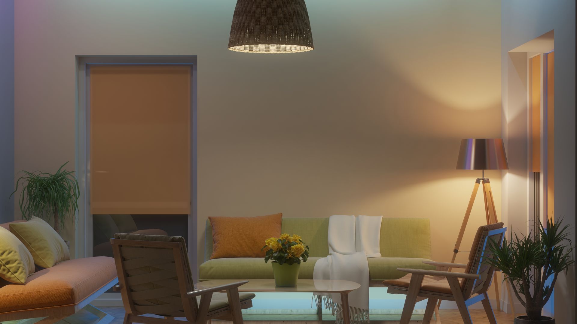 A living room with a couch , chairs , table and lamp.