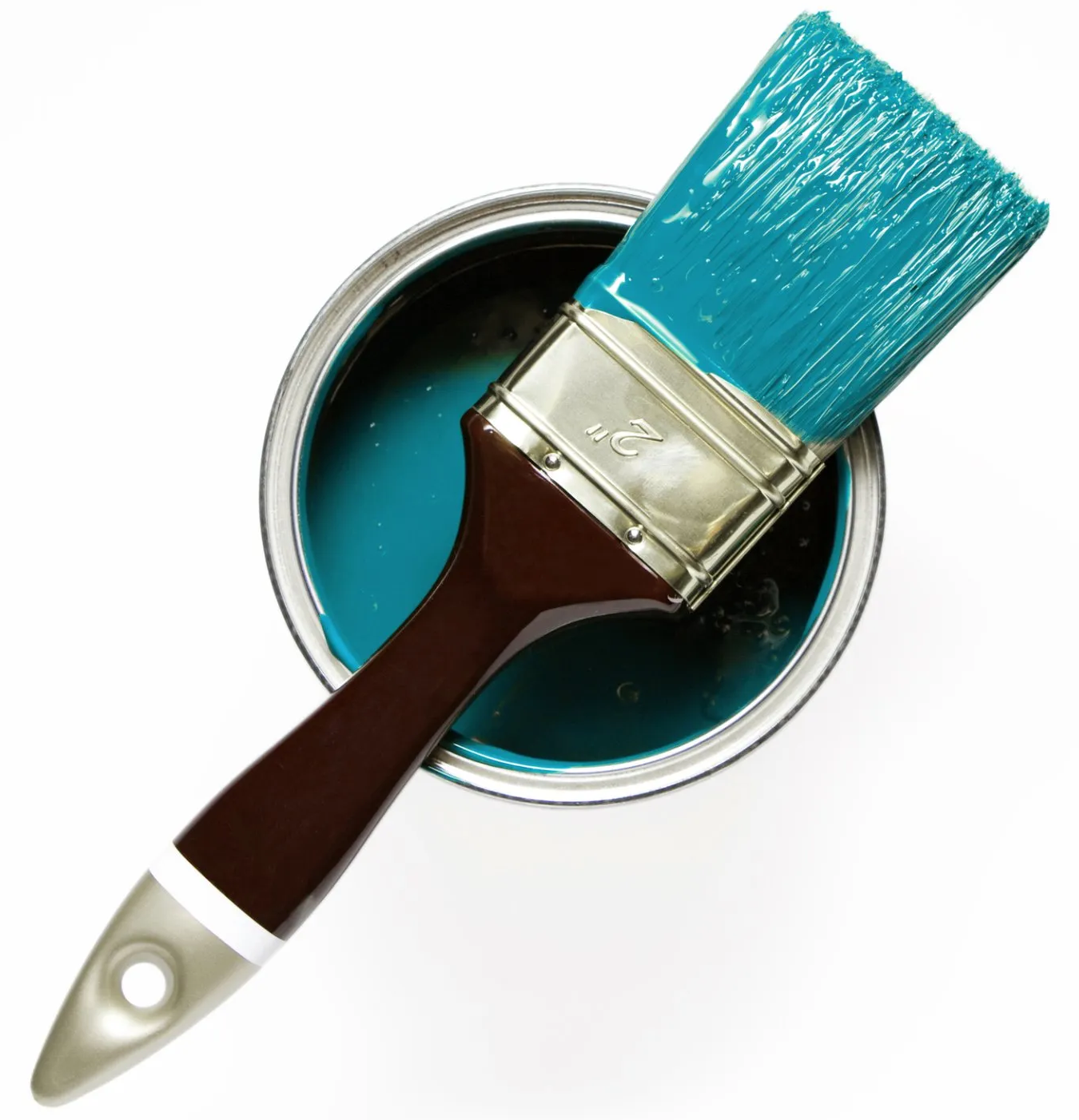 Paint can open with a blue-green paint and a matching paint brush resting on the rim.