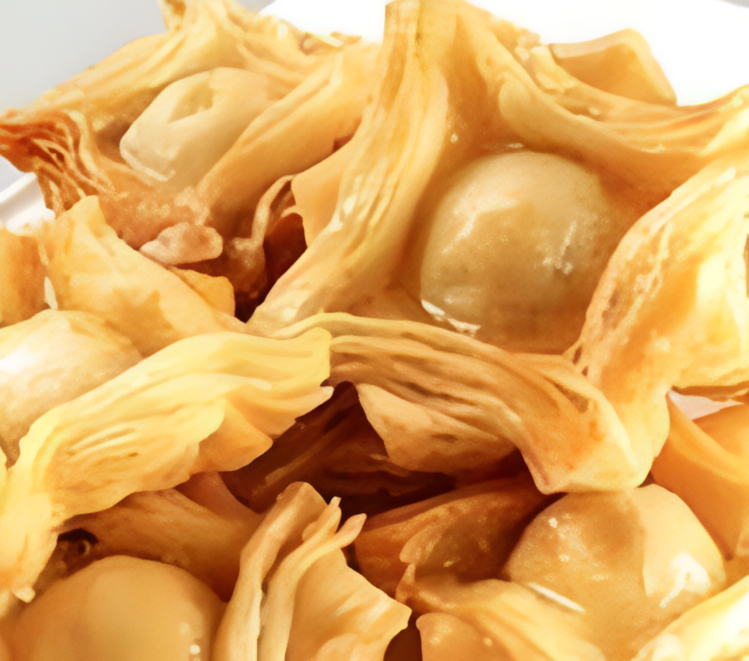 Primer plano de corazones de alcachofa fritos con champiñones redondos de color beige, en una salsa cremosa.