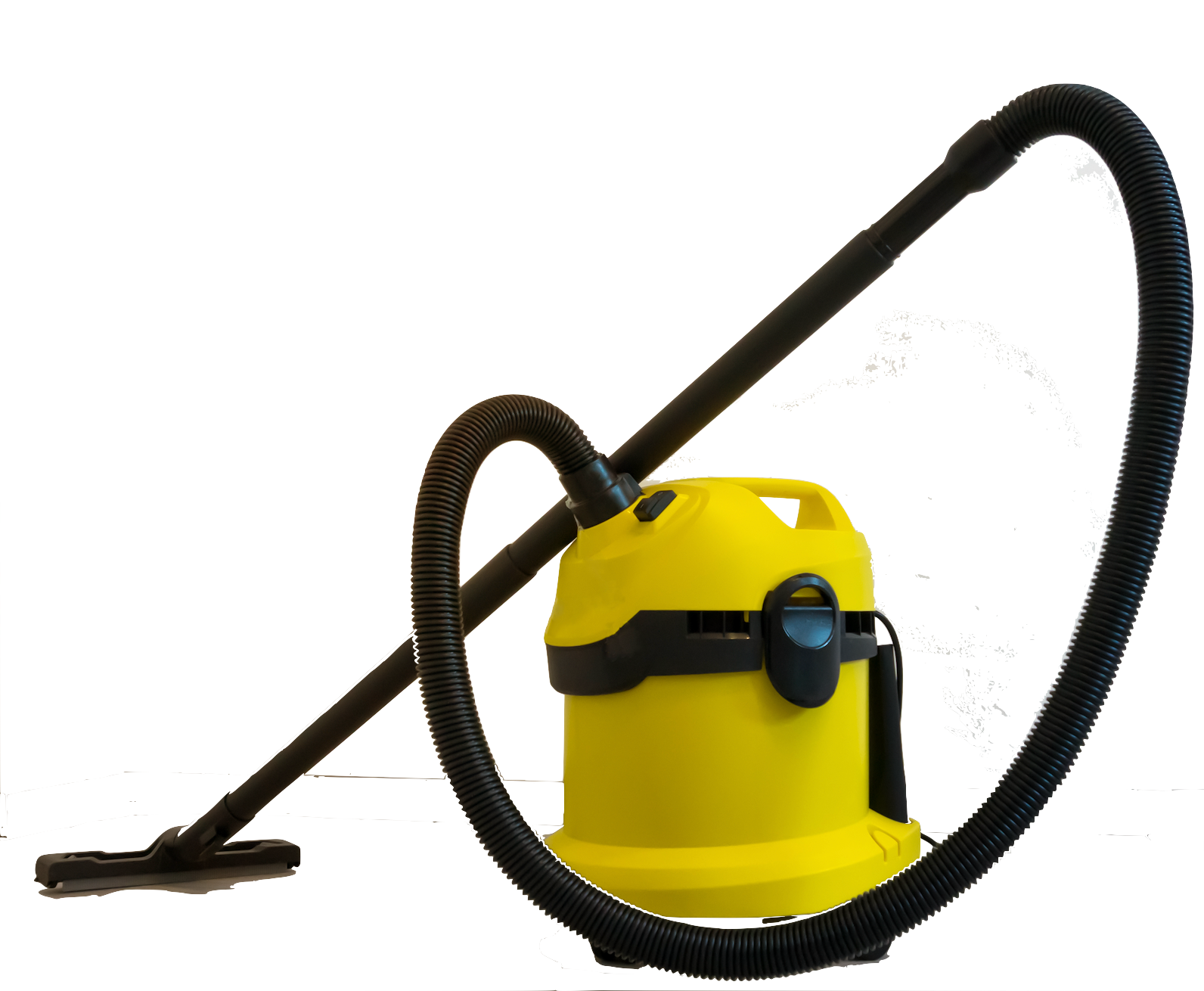 A yellow vacuum cleaner with a black hose attached to it