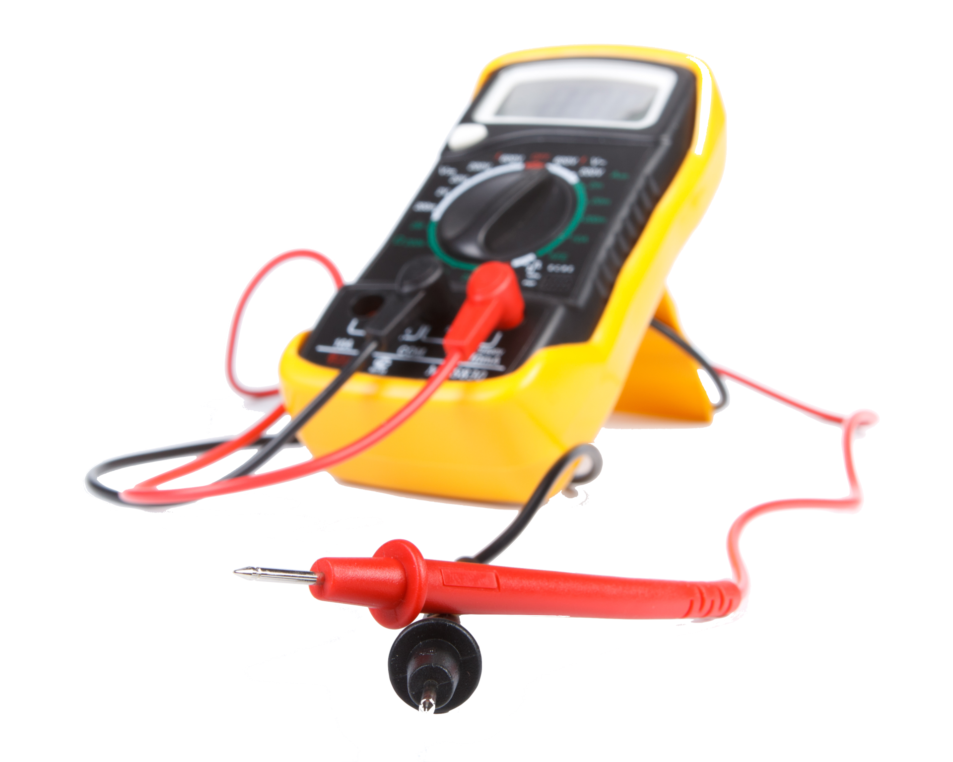 A yellow multimeter with red and black wires attached to it